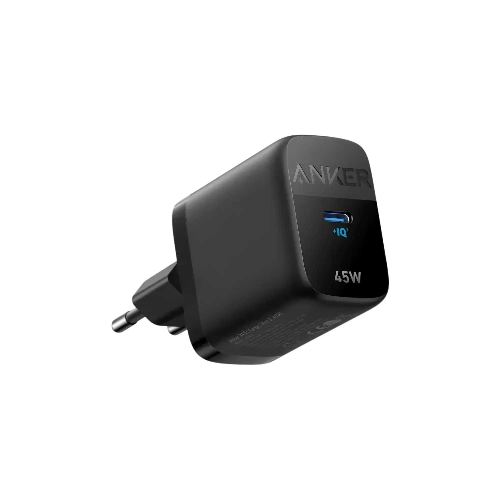 Anker 313 Power Adapter 45W USB-C Charger Black.
Compact wall charger featuring a single USB-C port with up to 45W Power Delivery output.