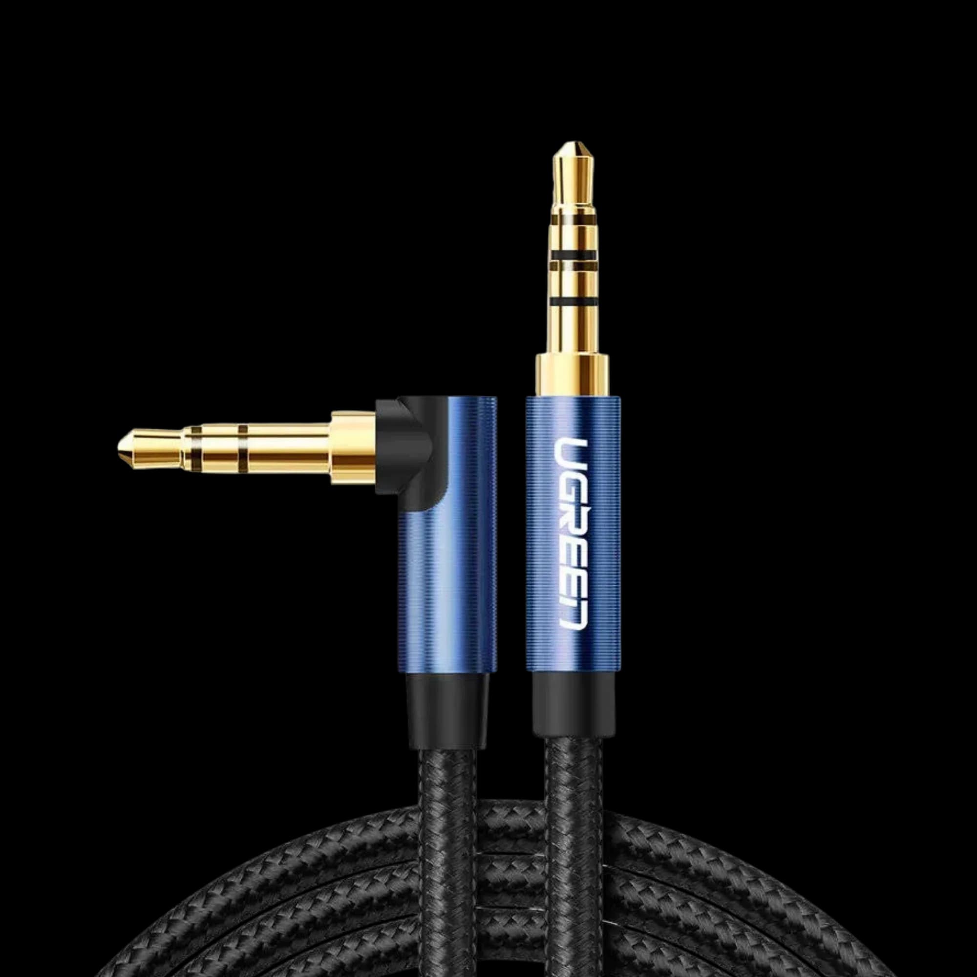 Ugreen AV112 AUX 3.5 mm audio cable 2 m Angled 90°, Hi-Fi, nylon braid Black with blue (60181)