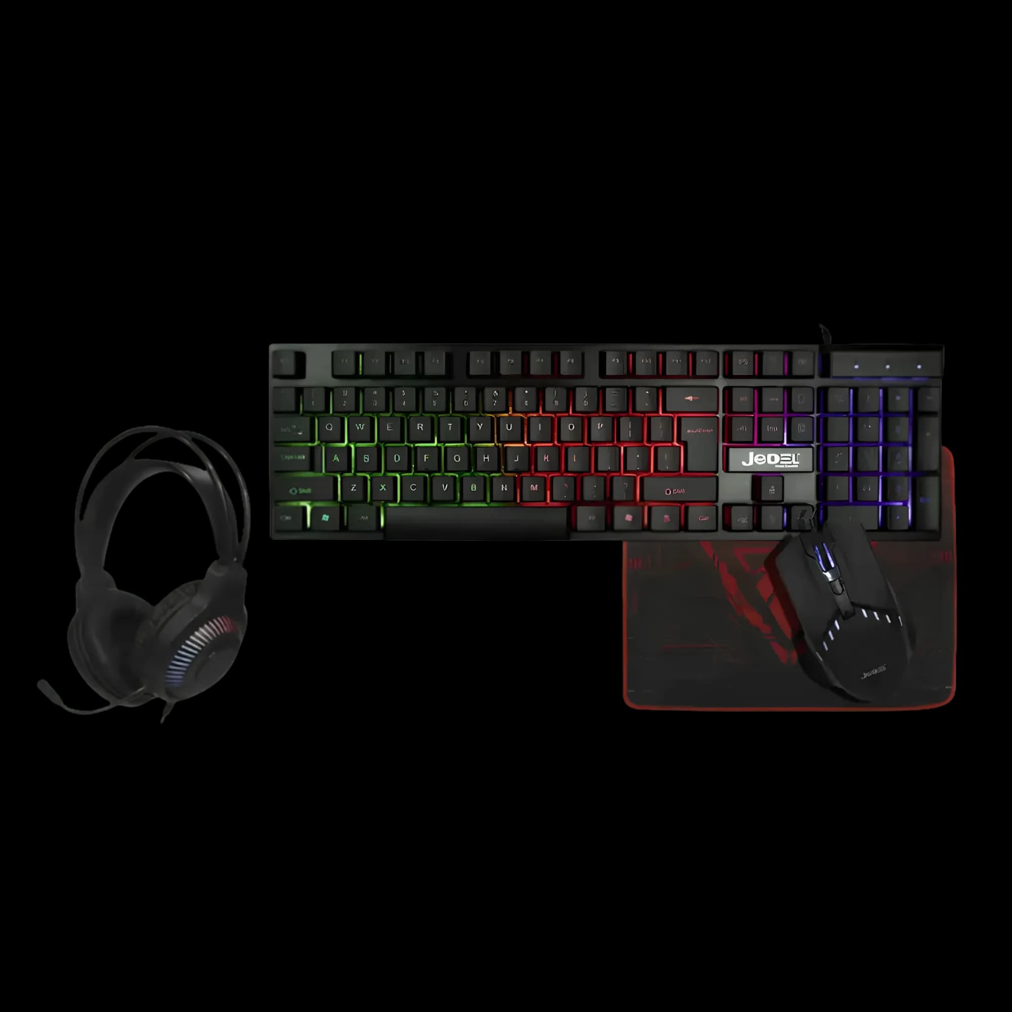 JEDEL 4-in-1 Gaming Combo CP-09 includes a wired RGB keyboard, gaming mouse, headset with microphone, and mouse pad for everyday gaming.